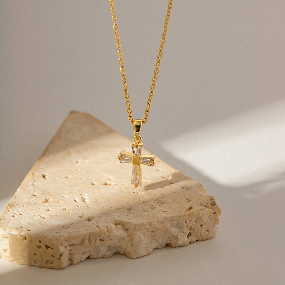 Inlaid Zircon 18K Gold-Plated Cross Bead Necklace